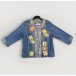 Bleu Bayou Women's XL Artsy Open Denim/ Jeans Jacket Embroidered Art To Wear